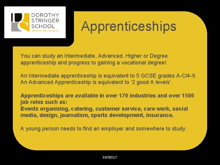 Apprenticeships You can study an Intermediate, Advanced, Higher or Degree apprenticeship and progress to