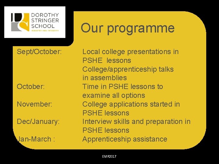 Our programme Sept/October: November: Dec/January: Jan-March : Local college presentations in PSHE lessons College/apprenticeship