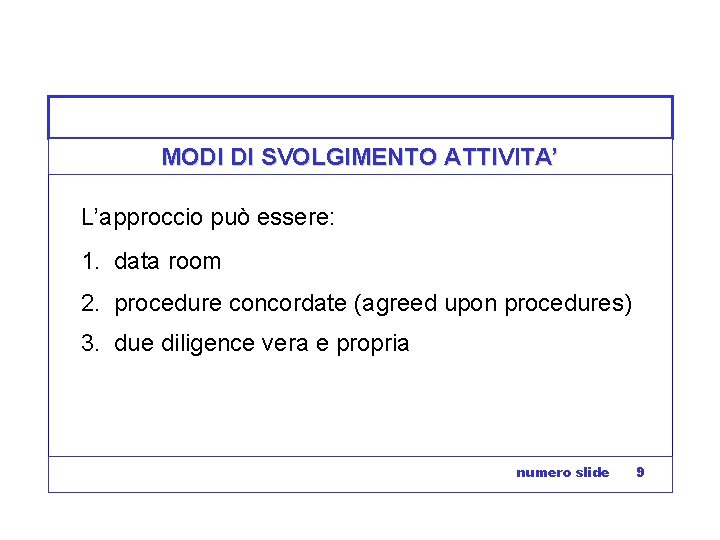 MODI DI SVOLGIMENTO ATTIVITA’ L’approccio può essere: 1. data room 2. procedure concordate (agreed