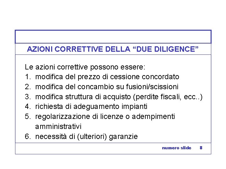 AZIONI CORRETTIVE DELLA “DUE DILIGENCE” Le azioni correttive possono essere: 1. modifica del prezzo