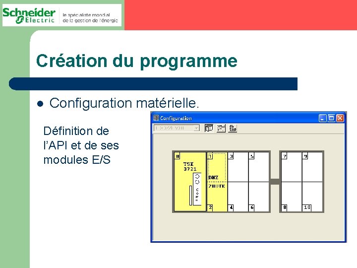 Création du programme l Configuration matérielle. Définition de l’API et de ses modules E/S