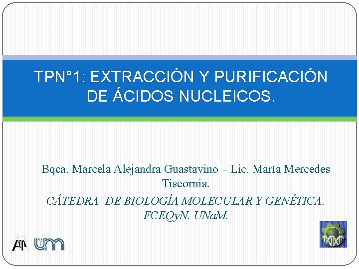 TPN° 1: EXTRACCIÓN Y PURIFICACIÓN DE ÁCIDOS NUCLEICOS. Bqca. Marcela Alejandra Guastavino – Lic.