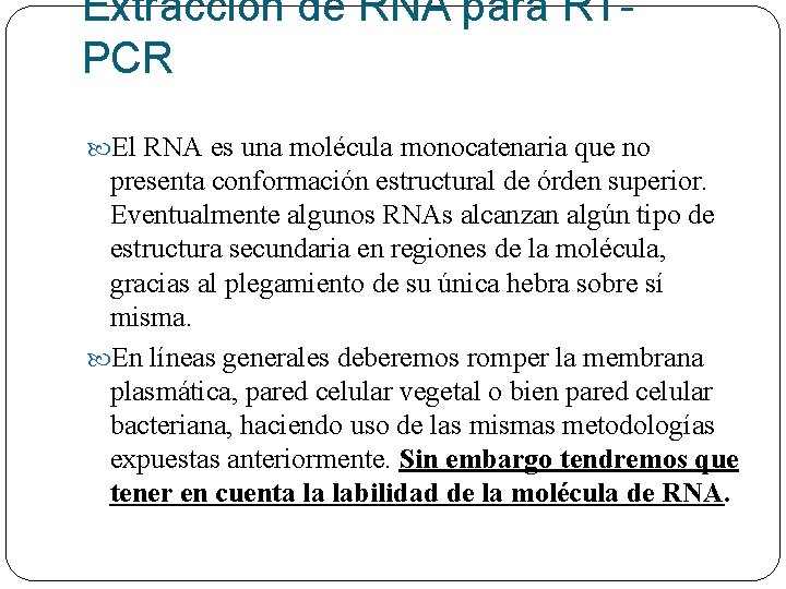 Extracción de RNA para RTPCR El RNA es una molécula monocatenaria que no presenta