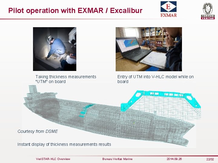 Pilot operation with EXMAR / Excalibur Taking thickness measurements "UTM" on board Entry of