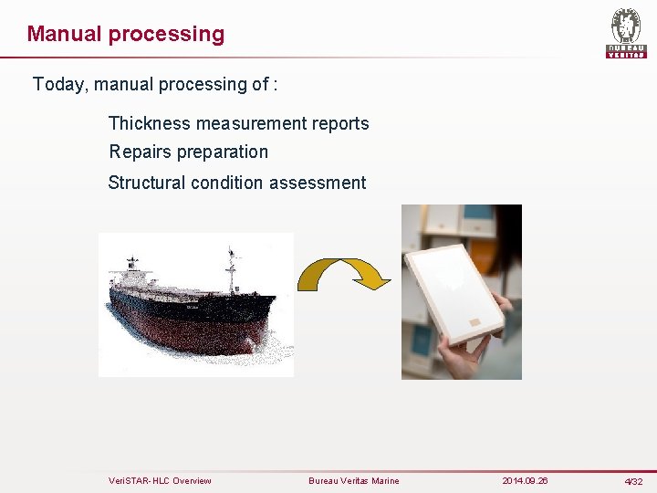Manual processing Today, manual processing of : Thickness measurement reports Repairs preparation Structural condition