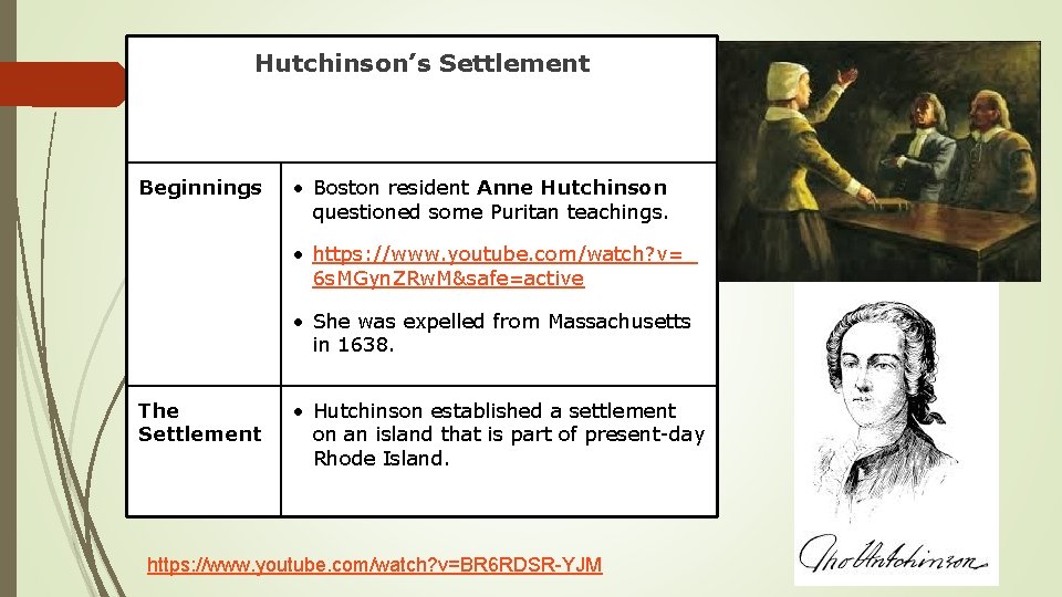 Hutchinson’s Settlement Beginnings • Boston resident Anne Hutchinson questioned some Puritan teachings. • https: