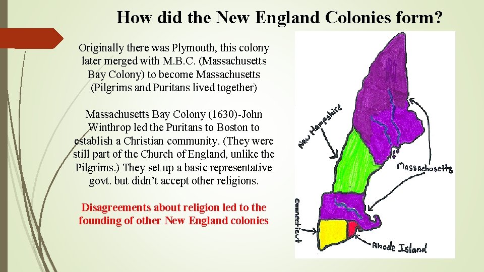 How did the New England Colonies form? Originally there was Plymouth, this colony later