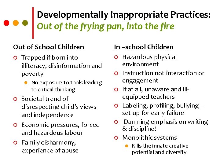 Developmentally Inappropriate Practices: Out of the frying pan, into the fire Out of School