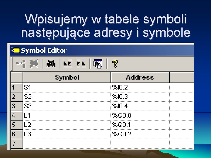 Wpisujemy w tabele symboli następujące adresy i symbole Wpisujemy w tabele symboli następujące adresy i symbole