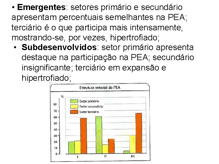  • Emergentes: setores primário e secundário apresentam percentuais semelhantes na PEA; terciário é