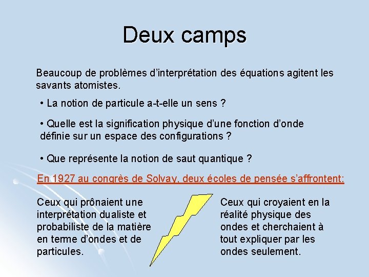 Deux camps Beaucoup de problèmes d’interprétation des équations agitent les savants atomistes. • La