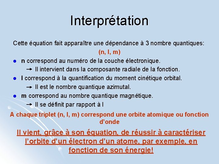 Interprétation Cette équation fait apparaître une dépendance à 3 nombre quantiques: (n, l, m)