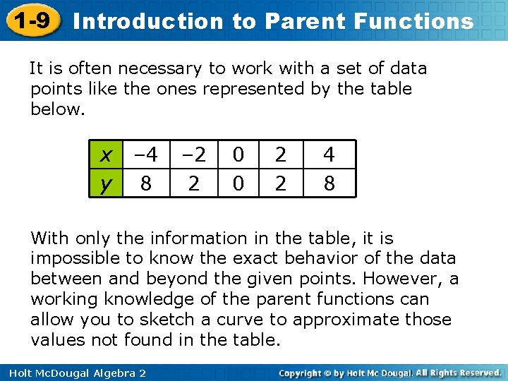 1 -9 Introduction to Parent Functions It is often necessary to work with a