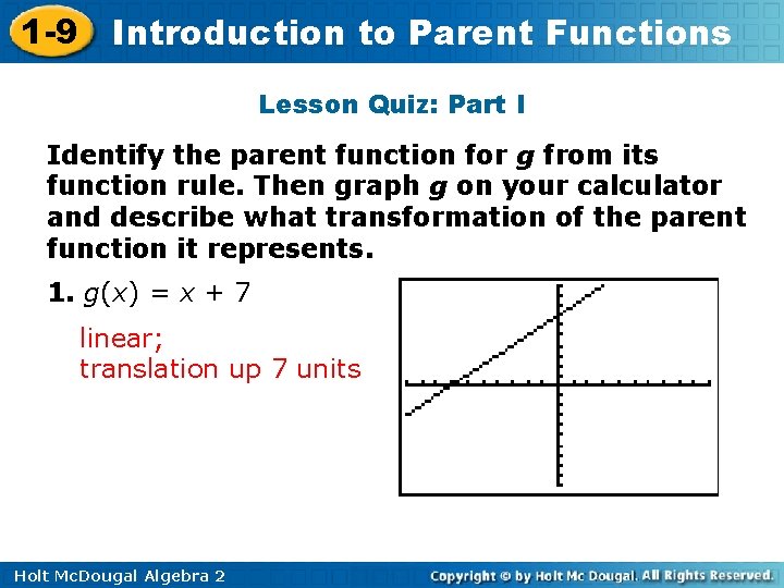 1 -9 Introduction to Parent Functions Lesson Quiz: Part I Identify the parent function
