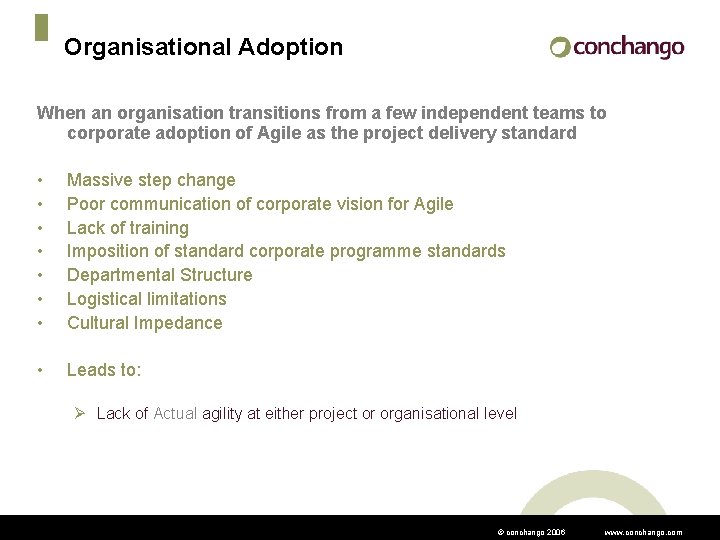 Organisational Adoption When an organisation transitions from a few independent teams to corporate adoption