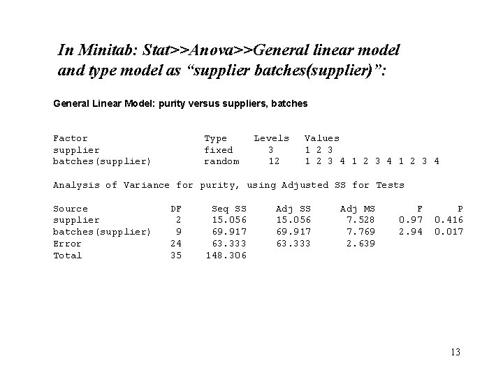 In Minitab: Stat>>Anova>>General linear model and type model as “supplier batches(supplier)”: General Linear Model: