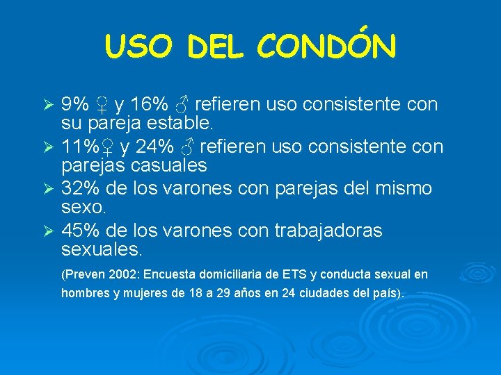 USO DEL CONDÓN 9% ♀ y 16% ♂ refieren uso consistente con su pareja USO DEL CONDÓN 9% ♀ y 16% ♂ refieren uso consistente con su pareja