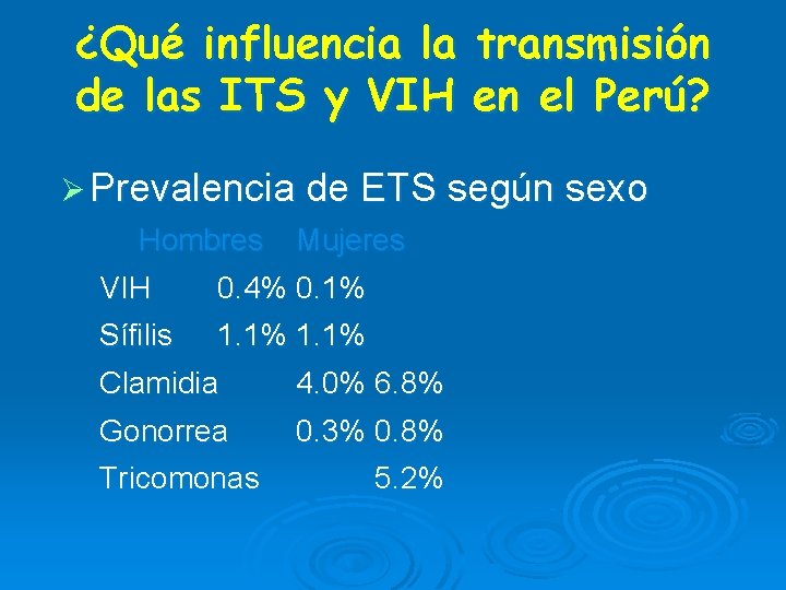¿Qué influencia la transmisión de las ITS y VIH en el Perú? Ø Prevalencia ¿Qué influencia la transmisión de las ITS y VIH en el Perú? Ø Prevalencia