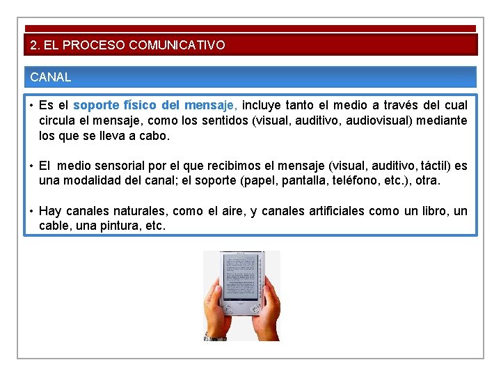 2. EL PROCESO COMUNICATIVO CANAL • Es el soporte físico del mensaje, incluye tanto 2. EL PROCESO COMUNICATIVO CANAL • Es el soporte físico del mensaje, incluye tanto