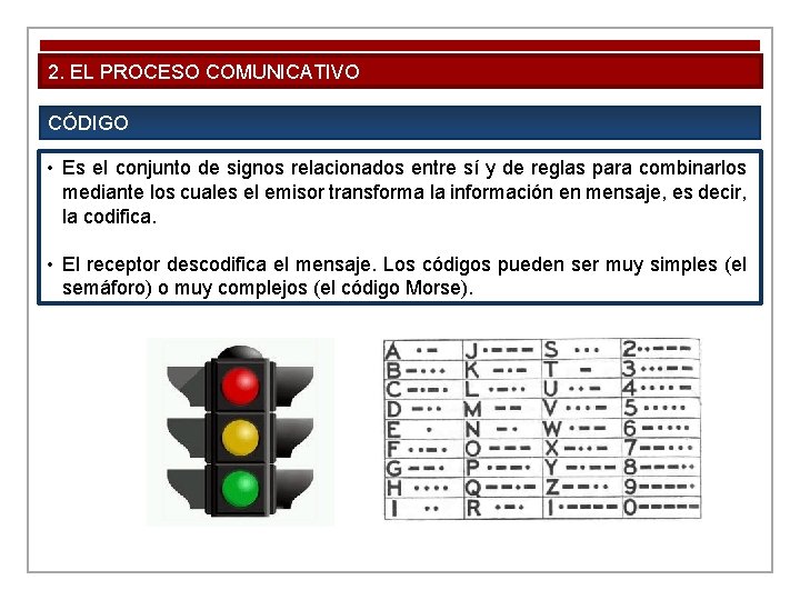 2. EL PROCESO COMUNICATIVO CÓDIGO • Es el conjunto de signos relacionados entre sí