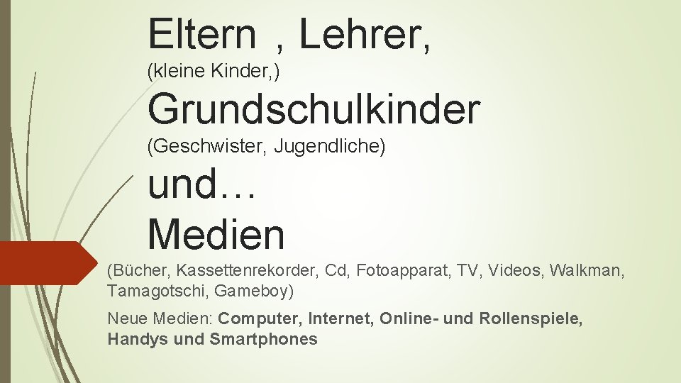 Eltern , Lehrer, (kleine Kinder, ) Grundschulkinder (Geschwister, Jugendliche) und… Medien (Bücher, Kassettenrekorder, Cd,