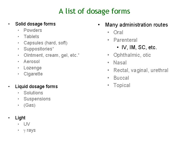 A list of dosage forms • Solid dosage forms • Powders • Tablets •