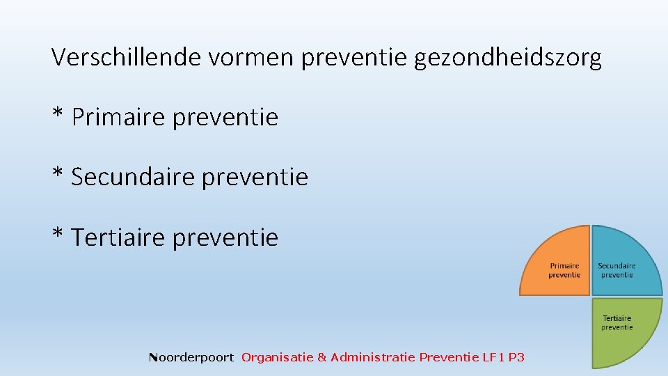 Verschillende vormen preventie gezondheidszorg * Primaire preventie * Secundaire preventie * Tertiaire preventie Noorderpoort