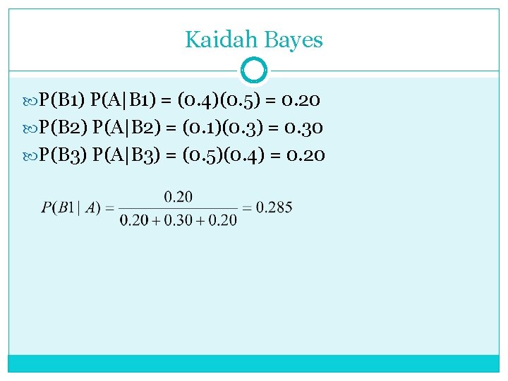 Kaidah Bayes P(B 1) P(A|B 1) = (0. 4)(0. 5) = 0. 20 P(B