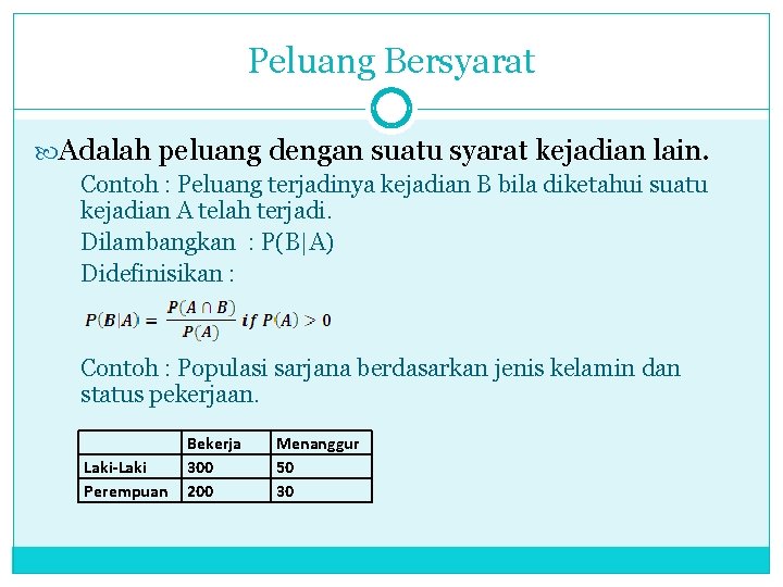 Peluang Bersyarat Adalah peluang dengan suatu syarat kejadian lain. Contoh : Peluang terjadinya kejadian