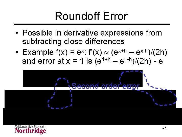 Roundoff Error • Possible in derivative expressions from subtracting close differences • Example f(x) Roundoff Error • Possible in derivative expressions from subtracting close differences • Example f(x)