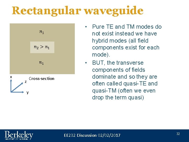 Rectangular waveguide x Cross-section z y • Pure TE and TM modes do not