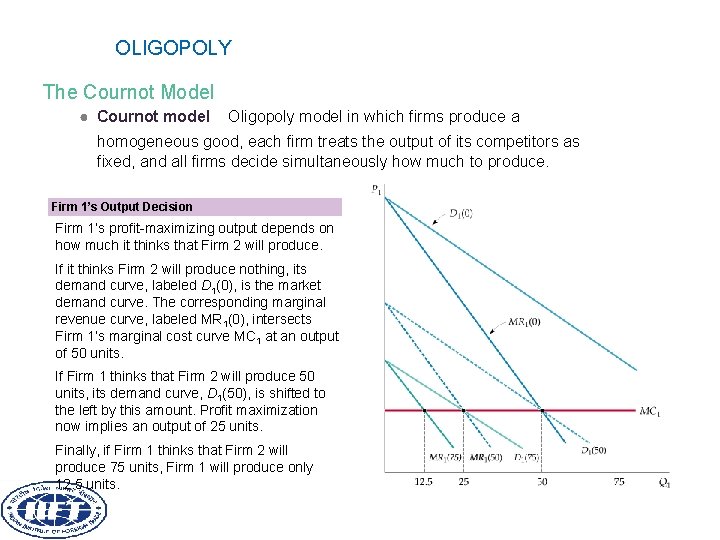 OLIGOPOLY The Cournot Model ● Cournot model Oligopoly model in which firms produce a