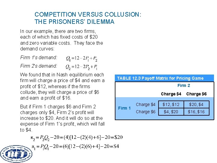 COMPETITION VERSUS COLLUSION: THE PRISONERS’ DILEMMA In our example, there are two firms, each