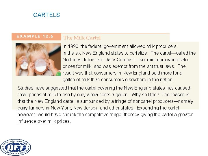 CARTELS In 1996, the federal government allowed milk producers in the six New England