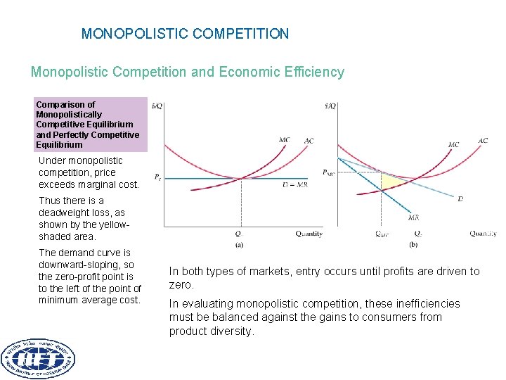 MONOPOLISTIC COMPETITION Monopolistic Competition and Economic Efficiency Comparison of Monopolistically Competitive Equilibrium and Perfectly