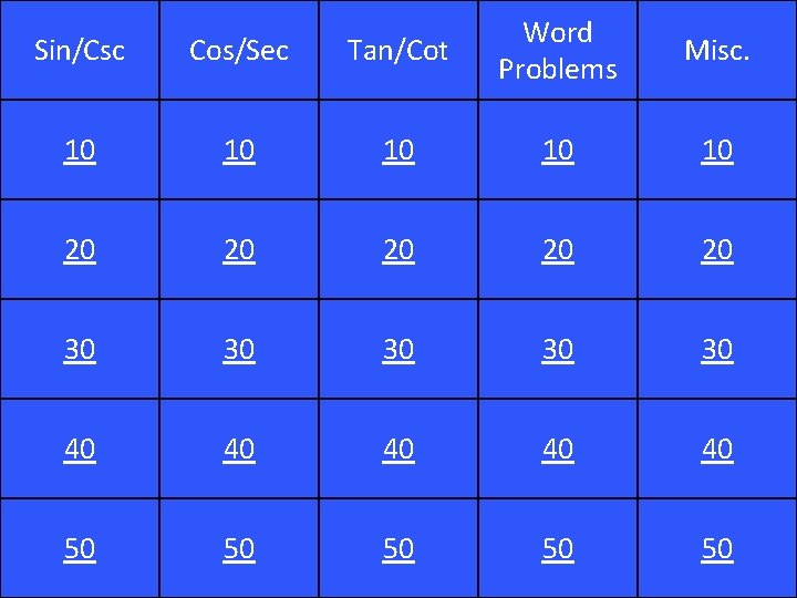 Sin/Csc Cos/Sec Tan/Cot Word Problems 10 10 10 20 20 20 30 30 30