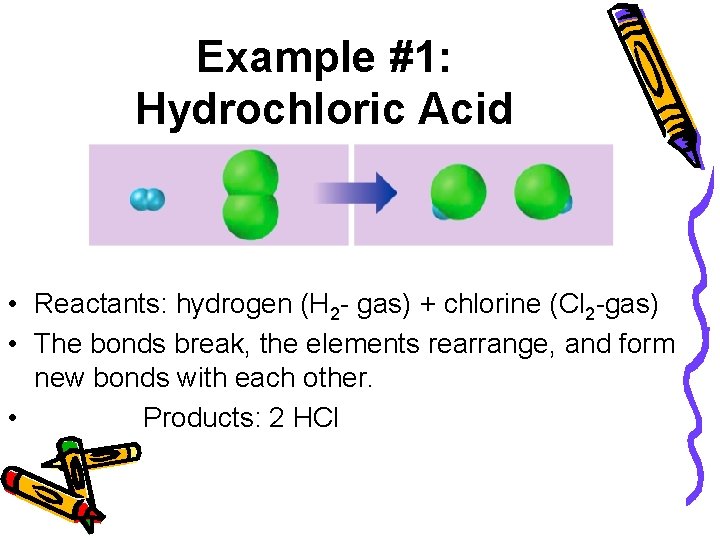 Example #1: Hydrochloric Acid • Reactants: hydrogen (H 2 - gas) + chlorine (Cl Example #1: Hydrochloric Acid • Reactants: hydrogen (H 2 - gas) + chlorine (Cl
