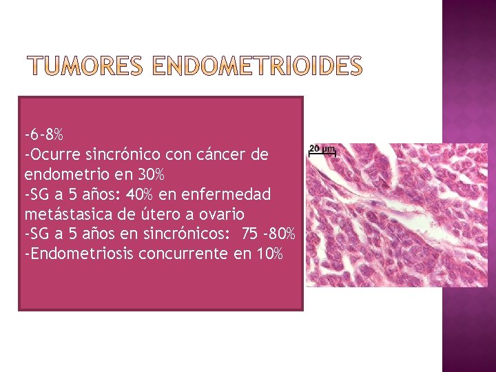 -6 -8% -Ocurre sincrónico con cáncer de endometrio en 30% -SG a 5 años: