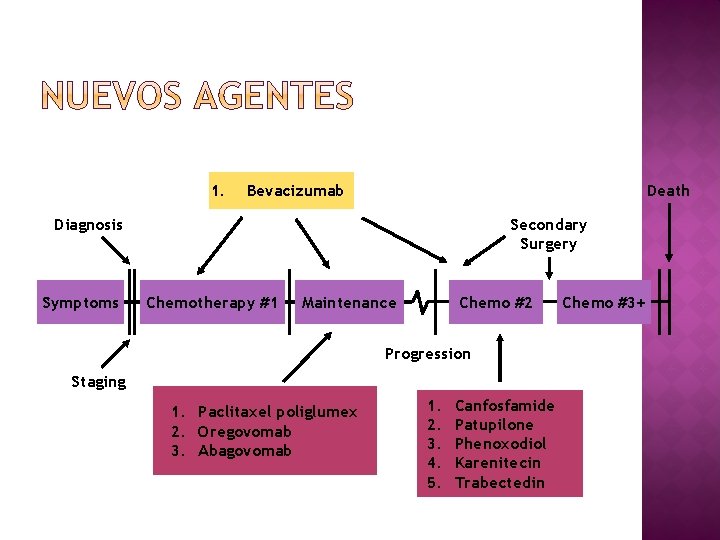 1. Death Bevacizumab Diagnosis Symptoms Secondary Surgery Chemotherapy #1 Maintenance Chemo #2 Progression Staging