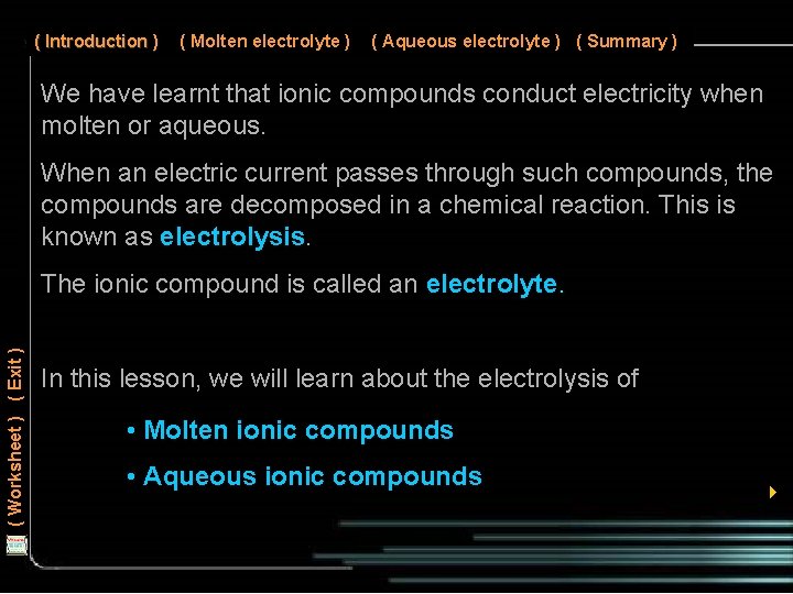 ( Introduction ) ( Molten electrolyte ) ( Aqueous electrolyte ) ( Summary )