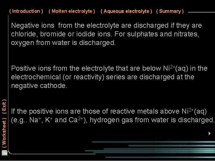 ( Introduction ) ( Molten electrolyte ) ( Aqueous electrolyte ) ( Summary )