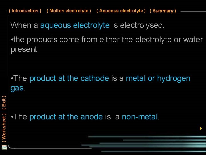 ( Introduction ) ( Molten electrolyte ) ( Aqueous electrolyte ) ( Summary )