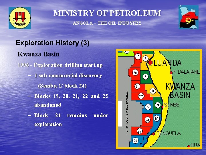 MINISTRY OF PETROLEUM ANGOLA – THE OIL INDUSTRY Exploration History (3) Kwanza Basin 1996 MINISTRY OF PETROLEUM ANGOLA – THE OIL INDUSTRY Exploration History (3) Kwanza Basin 1996