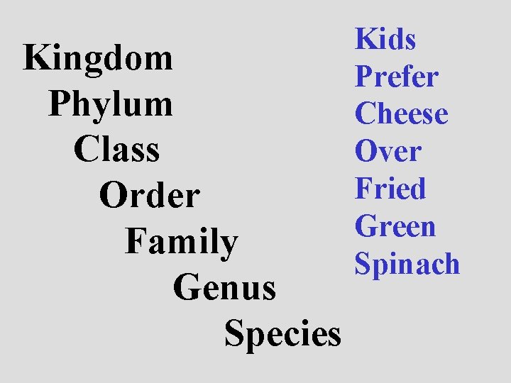 Kingdom Phylum Class Order Family Genus Species Kids Prefer Cheese Over Fried Green Spinach