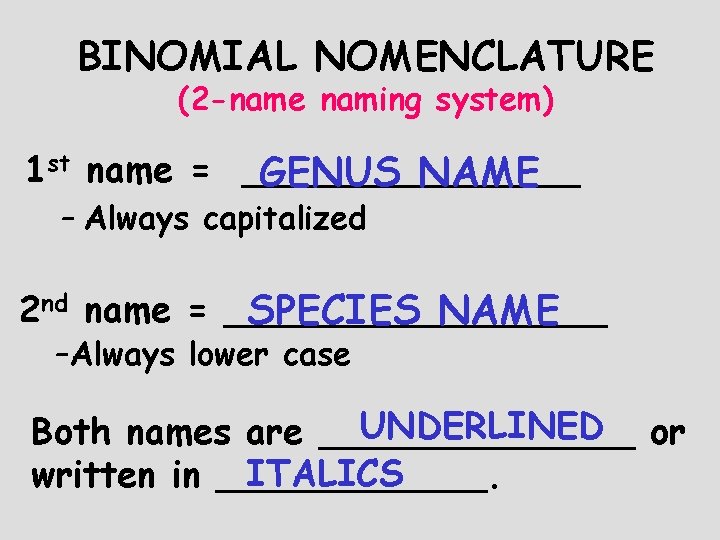 BINOMIAL NOMENCLATURE (2 -name naming system) 1 st name = ________ GENUS NAME –