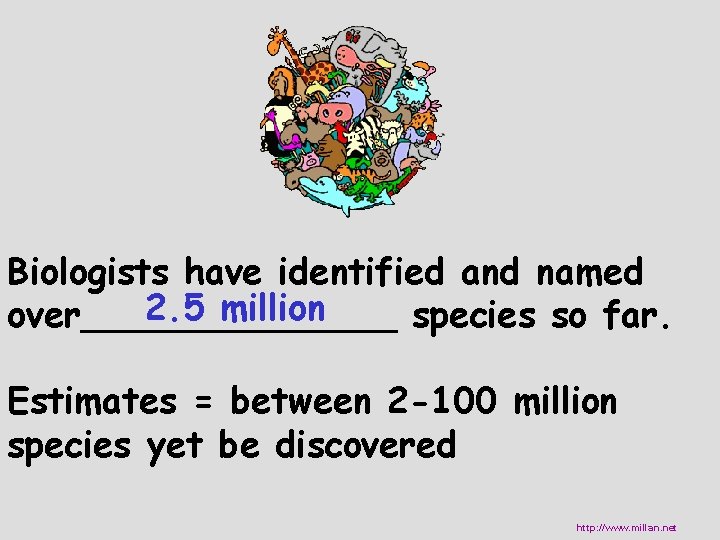 Biologists have identified and named 2. 5 million over_______ species so far. Estimates =