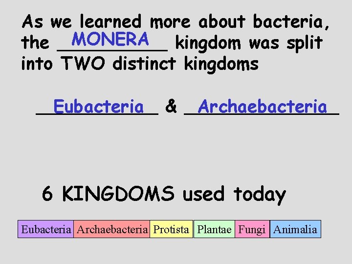 As we learned more about bacteria, MONERA kingdom was split the _____ into TWO