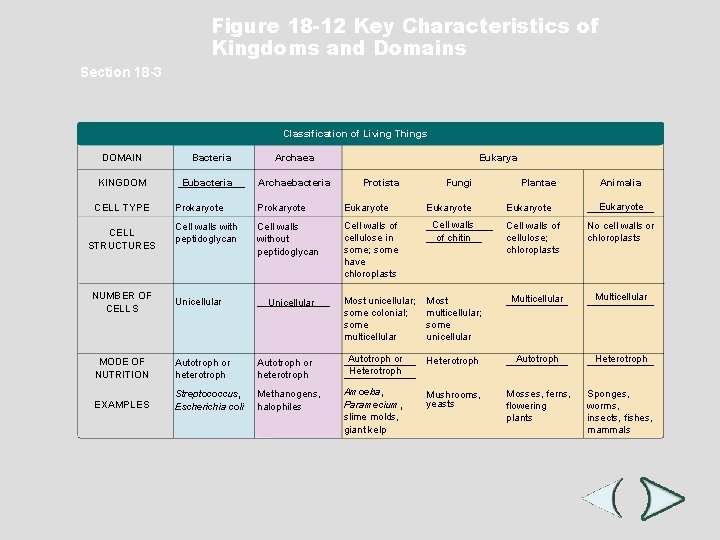 Figure 18 -12 Key Characteristics of Kingdoms and Domains Section 18 -3 Classification of