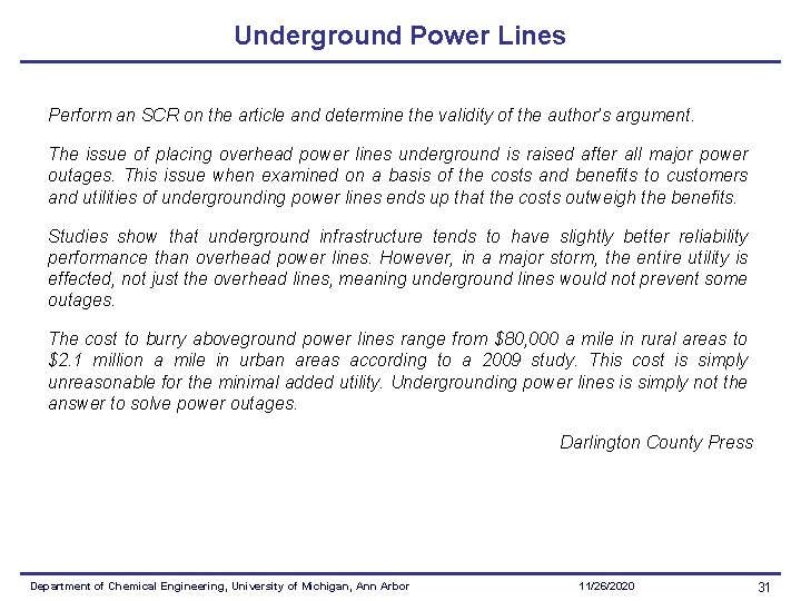 Underground Power Lines Perform an SCR on the article and determine the validity of Underground Power Lines Perform an SCR on the article and determine the validity of