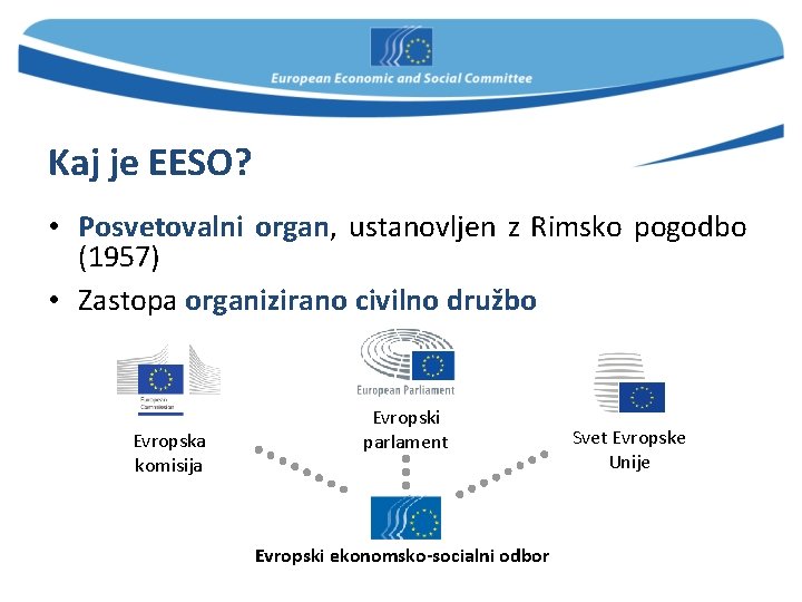 Kaj je EESO? • Posvetovalni organ, ustanovljen z Rimsko pogodbo (1957) • Zastopa organizirano